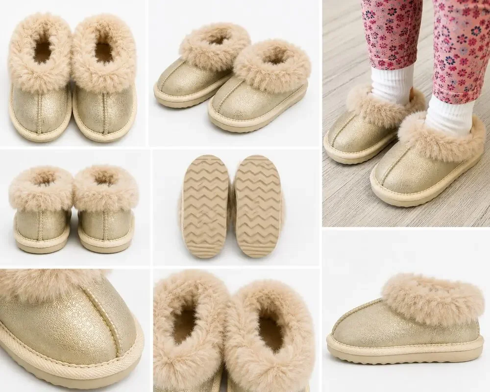 Toddler Girls Faux Fur Slip-On Slippers – Gold Shimmer | Size 5